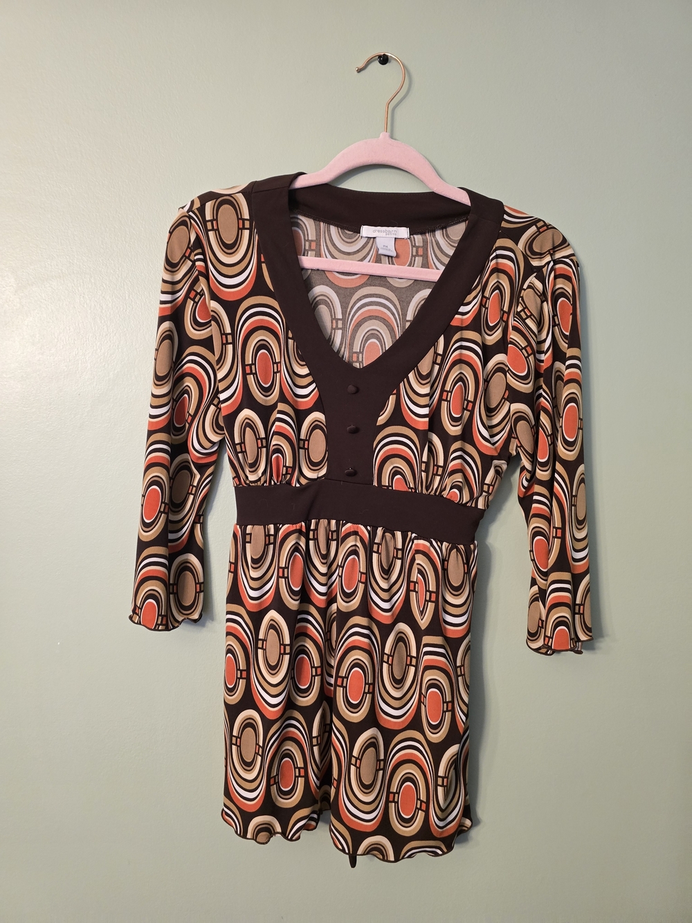 dressbarn Brown, Orange and Cream Retro-Print Long Sleeve Dress
